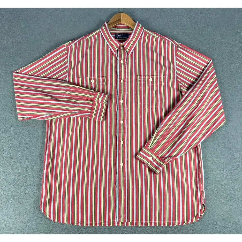 Polo Ralph Lauren Shirt XL Red Blue‎ Vertical Stripe Southwestern Double Pocket